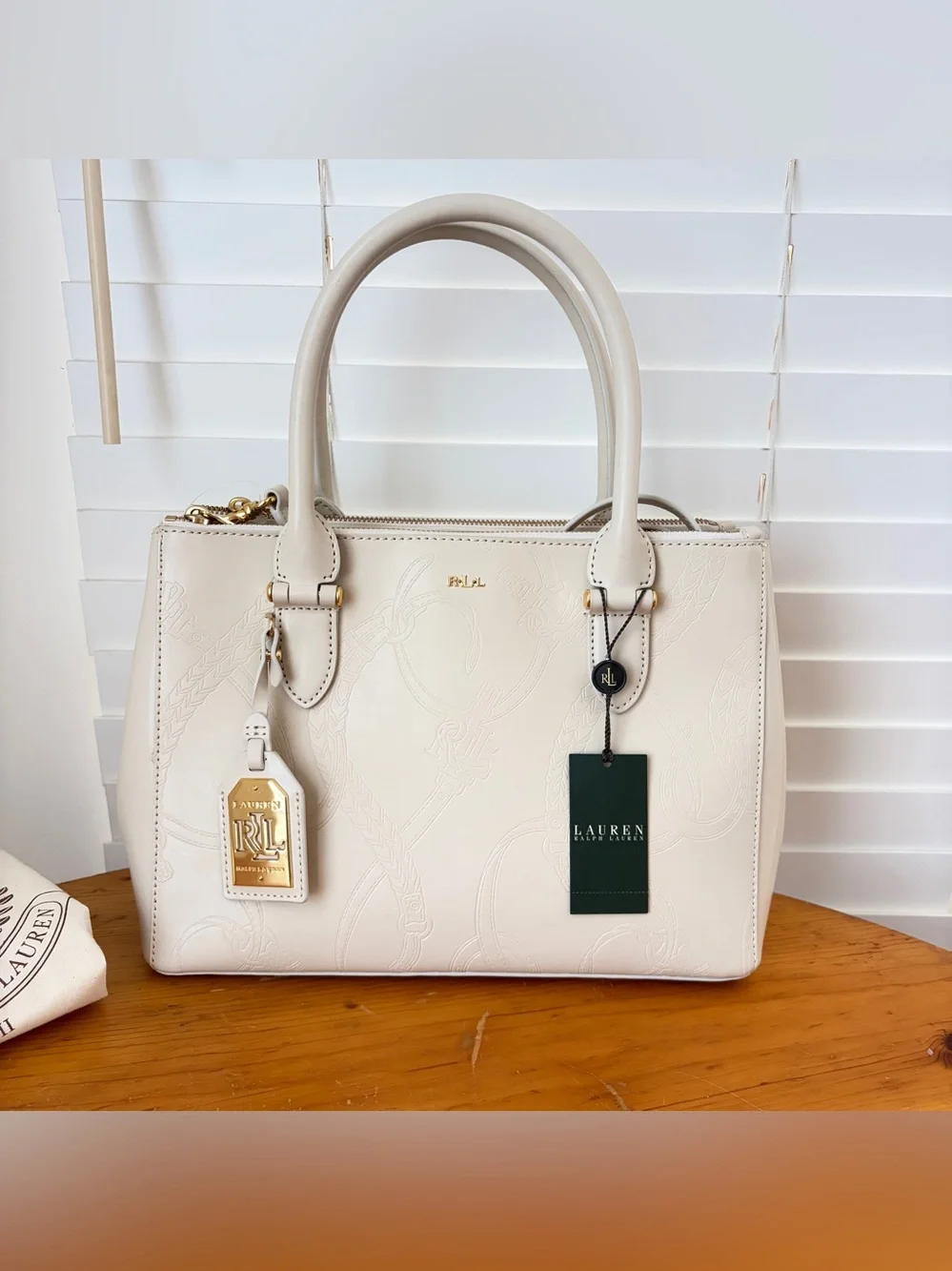 Lauren Ralph Lauren Taylor Belting Double Zip Ivory Embossed Leather Satchel NWT